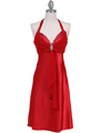 7129 Red Halter Cocktail Dress with Rhinestone Pin - Red, Front View Thumbnail