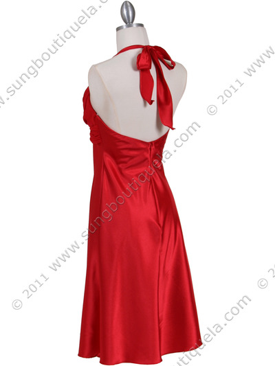 7129 Red Halter Cocktail Dress with Rhinestone Pin - Red, Back View Medium
