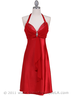 7129 Red Halter Cocktail Dress with Rhinestone Pin, Red