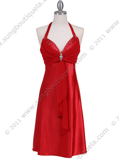 7129 Red Halter Cocktail Dress with Rhinestone Pin - Red, Front View Medium