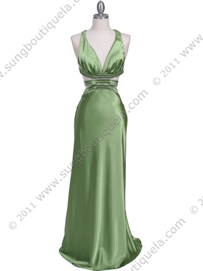7153 Green Satin Evening Dress - Green, Front View Medium