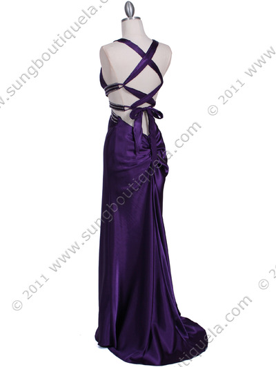 7153 Purple Satin Evening Dress - Purple, Back View Medium