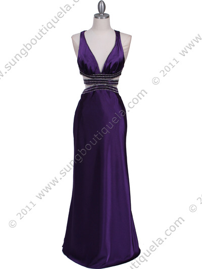 7153 Purple Satin Evening Dress - Purple, Front View Medium
