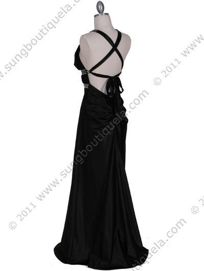7154 Black Satin Evening Dress - Black, Back View Medium