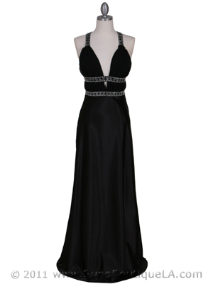7154 Black Satin Evening Dress, Black