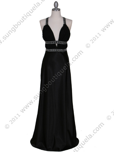 7154 Black Satin Evening Dress - Black, Front View Medium