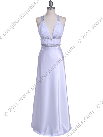 7154 White Satin Evening Dress - White, Front View Medium