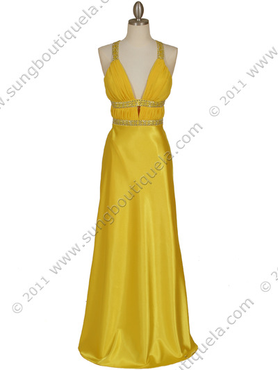 7154 Yellow Satin Evening Dress - Yellow, Front View Medium
