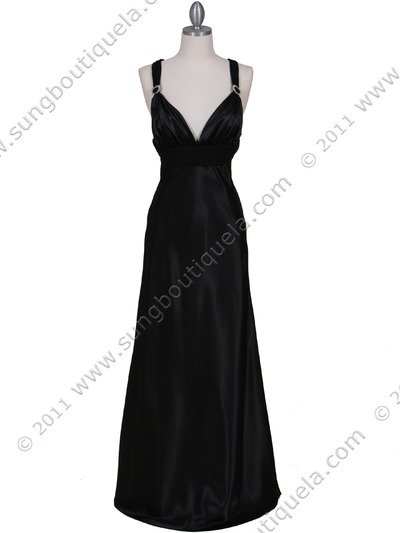 7157 Black Satin Evening Dress - Black, Front View Medium