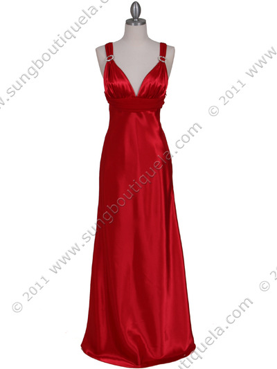7157 Red Satin Evening Dress - Red, Front View Medium