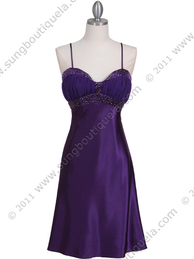 7166 Purple Cocktail Dress with Rhinestone Trim - Purple, Front View Medium