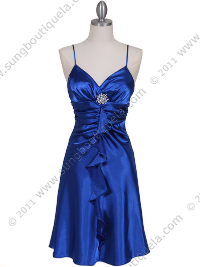 7168 Royal Blue Cocktail Dress with Rhinestone Pin - Royal Blue, Front View Medium