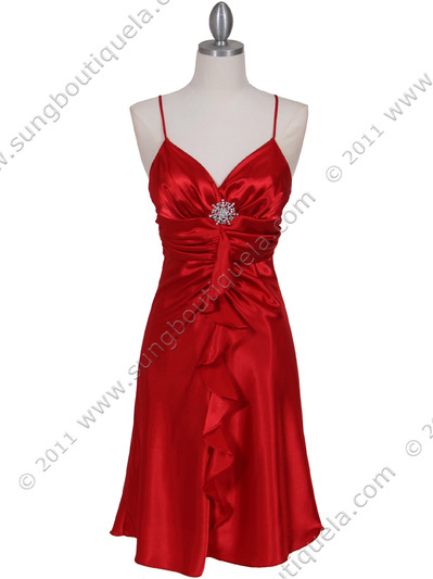 7168 Red Cocktail Dress with Rhinestone Pin - Red, Front View Medium