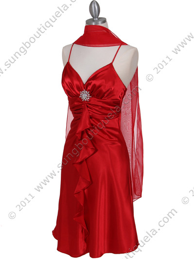 7168 Red Cocktail Dress with Rhinestone Pin - Red, Alt View Medium
