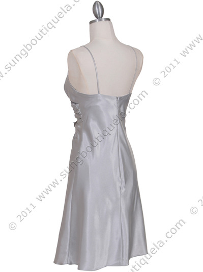 7168 Silver Cocktail Dress with Rhinestone Pin - Silver, Back View Medium