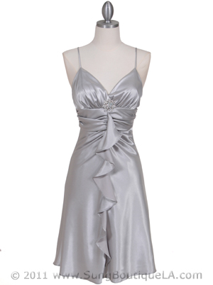 7168 Silver Cocktail Dress with Rhinestone Pin, Silver