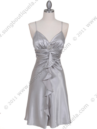 7168 Silver Cocktail Dress with Rhinestone Pin - Silver, Front View Medium