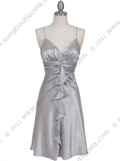 7168 Silver Cocktail Dress with Rhinestone Pin - Silver, Front View Medium