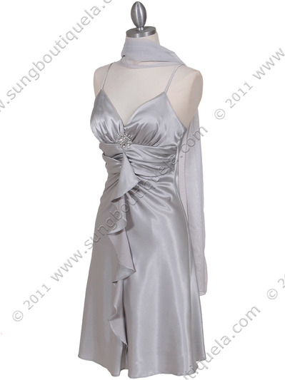 7168 Silver Cocktail Dress with Rhinestone Pin - Silver, Alt View Medium