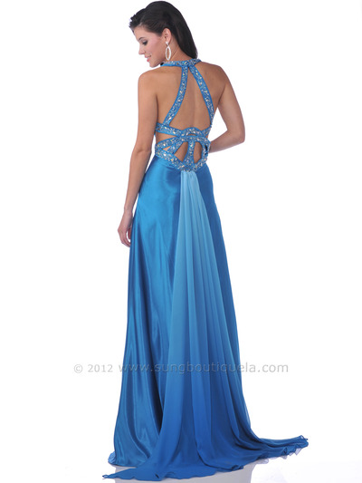 7503 Teal Halter Cut Out Prom Dress with Slit - Teal, Back View Medium