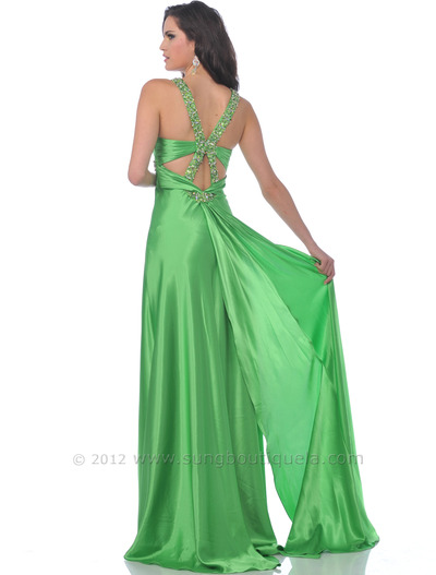 7504 Green Halter Evening Dress with Jeweled Straps - Green, Back View Medium