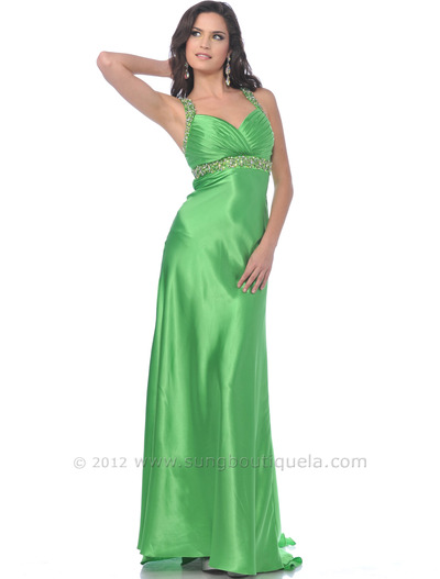 7504 Green Halter Evening Dress with Jeweled Straps - Green, Front View Medium