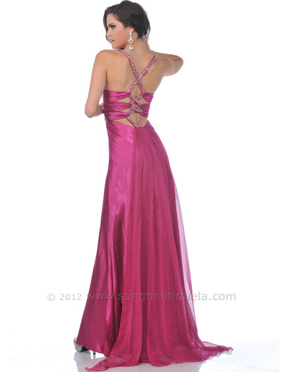 7505 Charmeuse Evening Dress with Crisscross Back - Raspberry, Back View Medium