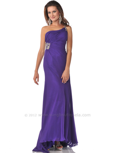 7507 Purple One Shoulder Jeweled Strap Evening Dress with Slit - Purple, Front View Medium