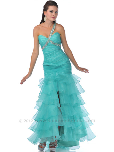 7508 Mint Single Sparkling Strap Ruched Prom Dress with Slit - Mint, Front View Medium
