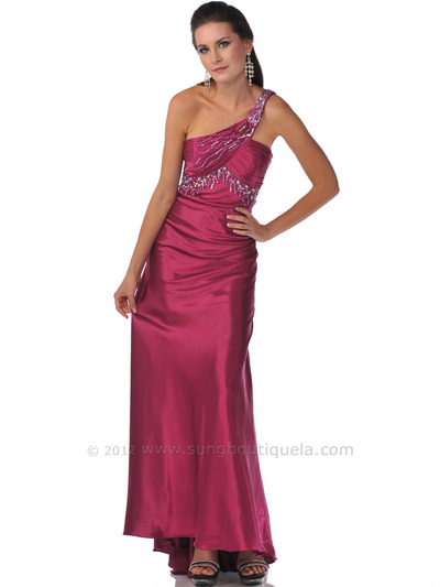 7511 Raspberry One Shoulder Evening Dress - Raspberry, Front View Medium