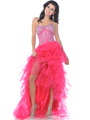 7516 Jeweled Corset Top Ruffle High Low Prom Dress - Hot Pink, Front View Thumbnail