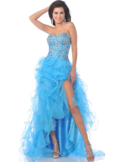7516 Jeweled Corset Top Ruffle High Low Prom Dress - Turquoise, Front View Medium