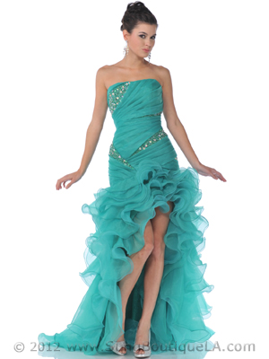 7517 Strapless Beaded Ruffle High Low Organza Prom Dress, Jade