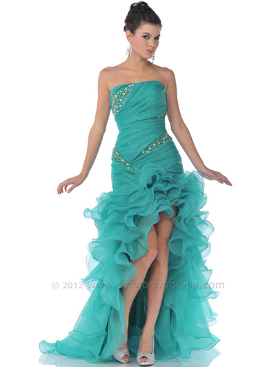 7517 Strapless Beaded Ruffle High Low Organza Prom Dress - Jade, Front View Medium