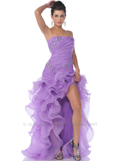 7517 Strapless Beaded Ruffle High Low Organza Prom Dress - Purple, Front View Medium