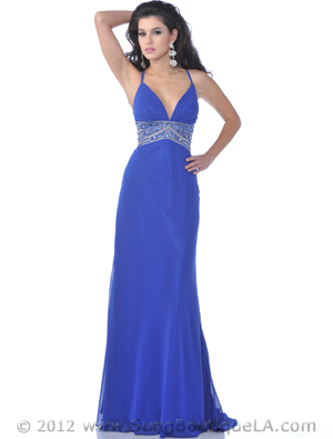 7518 Royal Blue Halter Evening Dress with Bead Embellished, Royal Blue