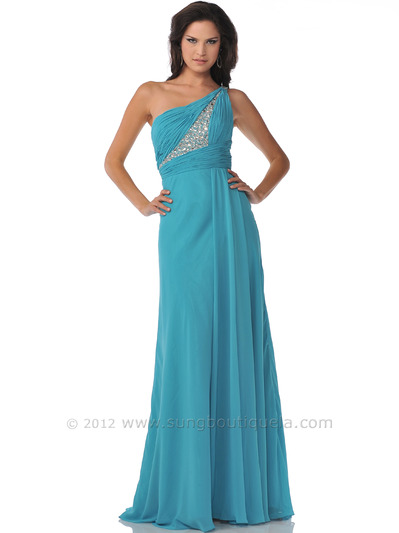 7519 Jade One Shoulder Chiffon Evening Dress with Jewel Decor - Jade, Front View Medium