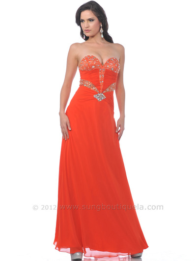 7520 Orange Strapless Sweetheart Chiffon Evening Dress with Beads and - Orange, Front View Medium