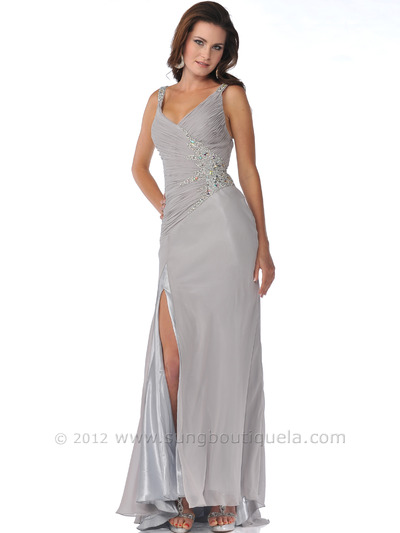 7522 Chiffon Evening Dress with Sparkling Jewels and Sequins - Silver, Front View Medium