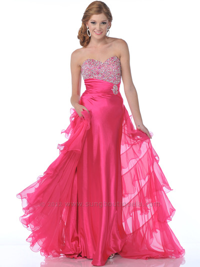 7524 Hot Pink Sequin Embellished Prom Dress with Train - Hot Pink, Front View Medium