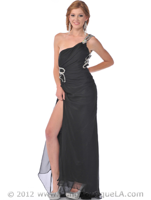 7525 One Shoulder Jeweled Strap Evening Dress with Slit, Black