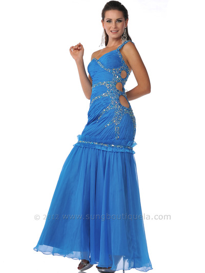 7526 One Shoulder Side Cut Out Prom Dress - Blue, Front View Medium