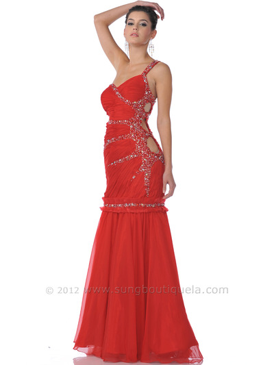 7526 One Shoulder Side Cut Out Prom Dress - Red, Front View Medium