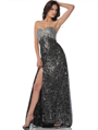 7528 Black Silver Sequin Evening Dress with Slit - Black Silver, Front View Thumbnail