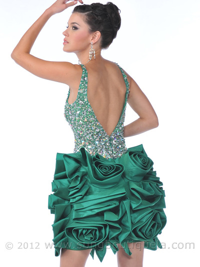 7536 Jewels Embellished Rosette Prom Dress - Green, Back View Medium