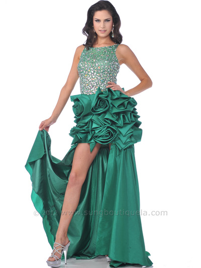 7536 Jewels Embellished Rosette Prom Dress - Green, Front View Medium