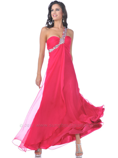 7539 Sparkling Single Strap Chiffon Prom Dress - Fuschia, Front View Medium