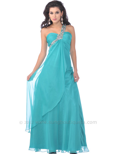 7539 Sparkling Single Strap Chiffon Prom Dress - Jade, Front View Medium