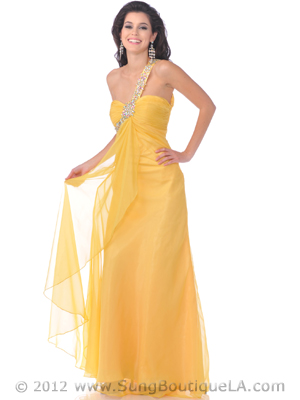 7539 Sparkling Single Strap Chiffon Prom Dress, Yellow