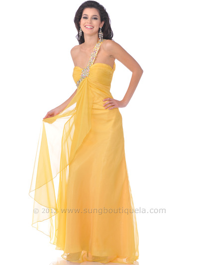 7539 Sparkling Single Strap Chiffon Prom Dress - Yellow, Front View Medium